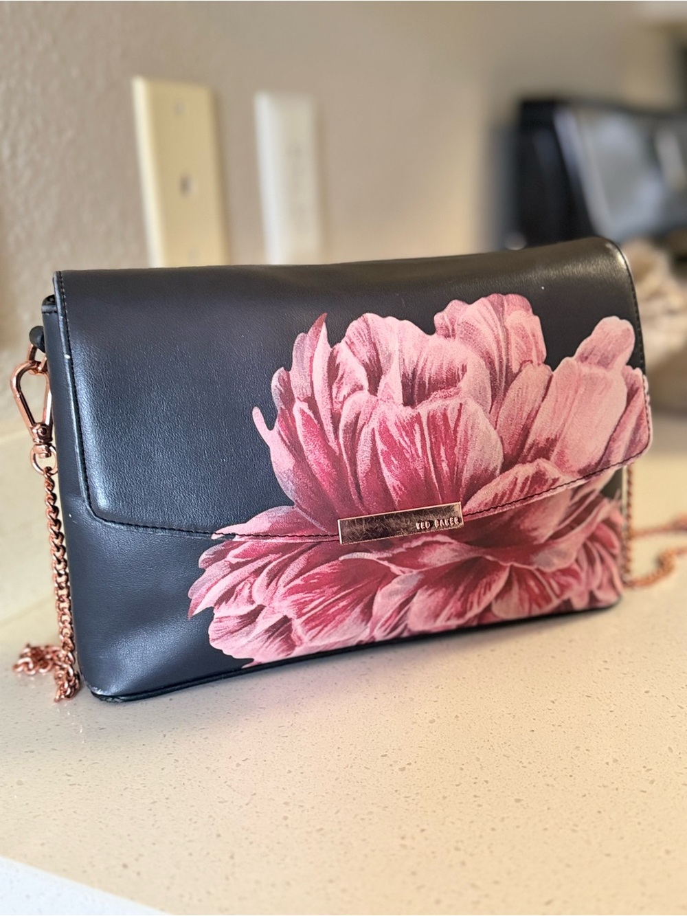 Ted Baker Black Pink Floral Foldover Crossbody Clutch Purse Rose Gold Chain